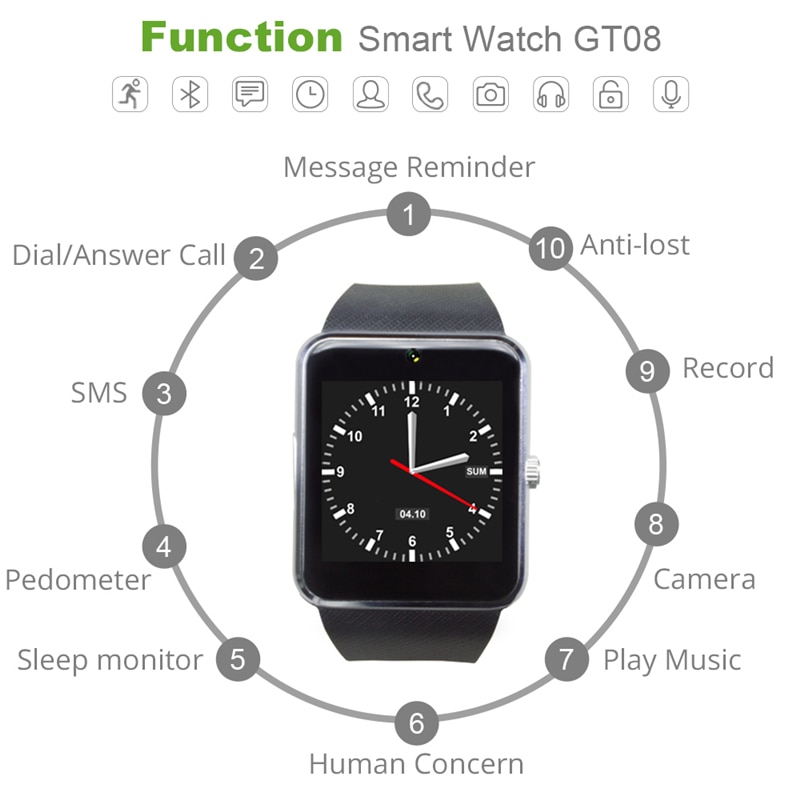 Smart Watch GT08 Clock Sync Notifier Support Sim TF Card Bluetooth Connectivity Android Phone Smartwatch Alloy Smartwatch