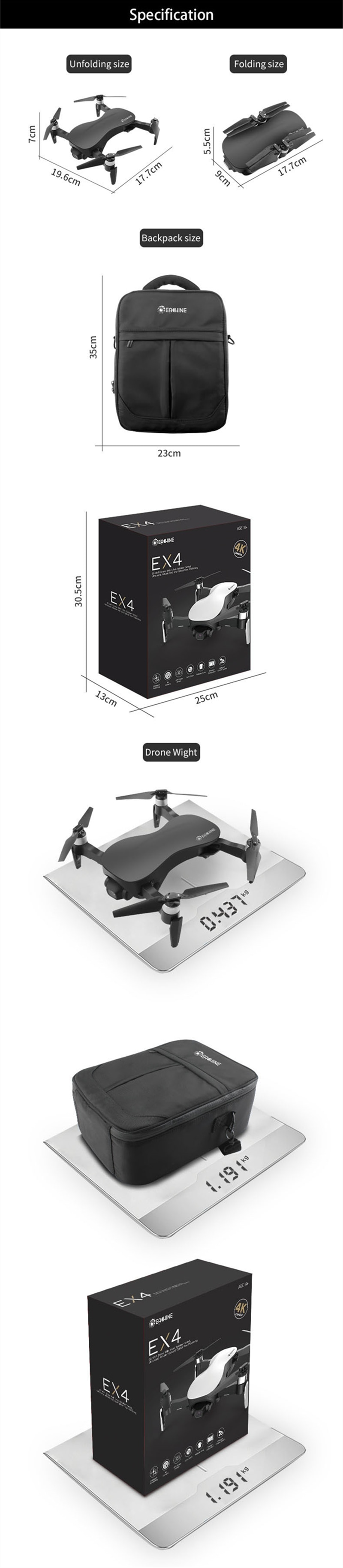 Eachine EX4 5G WIFI 1.2KM FPV GPS With 4K HD Camera 3-Axis Stable Gimbal 25 Mins Flight Time RC Drone Quadcopter RTF VS X12